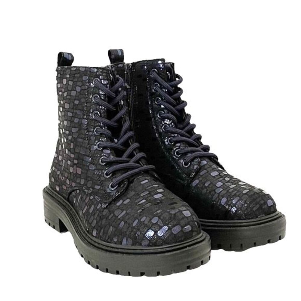 Tinstree Combat Boot Metallic Blue Printed Lug Sole 8 Eye Lace Up Boots Size 6